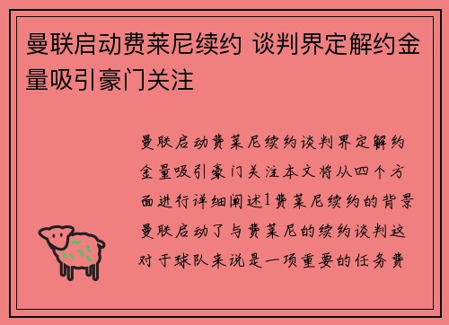 曼联启动费莱尼续约 谈判界定解约金量吸引豪门关注
